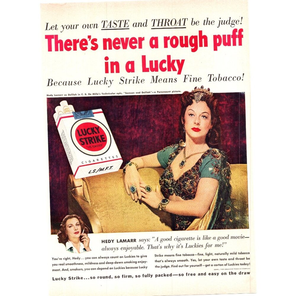 1950 Lucky Strike Cigarettes Vintage Print Ad Hedy Lamarr Velvet Couch Wall Art